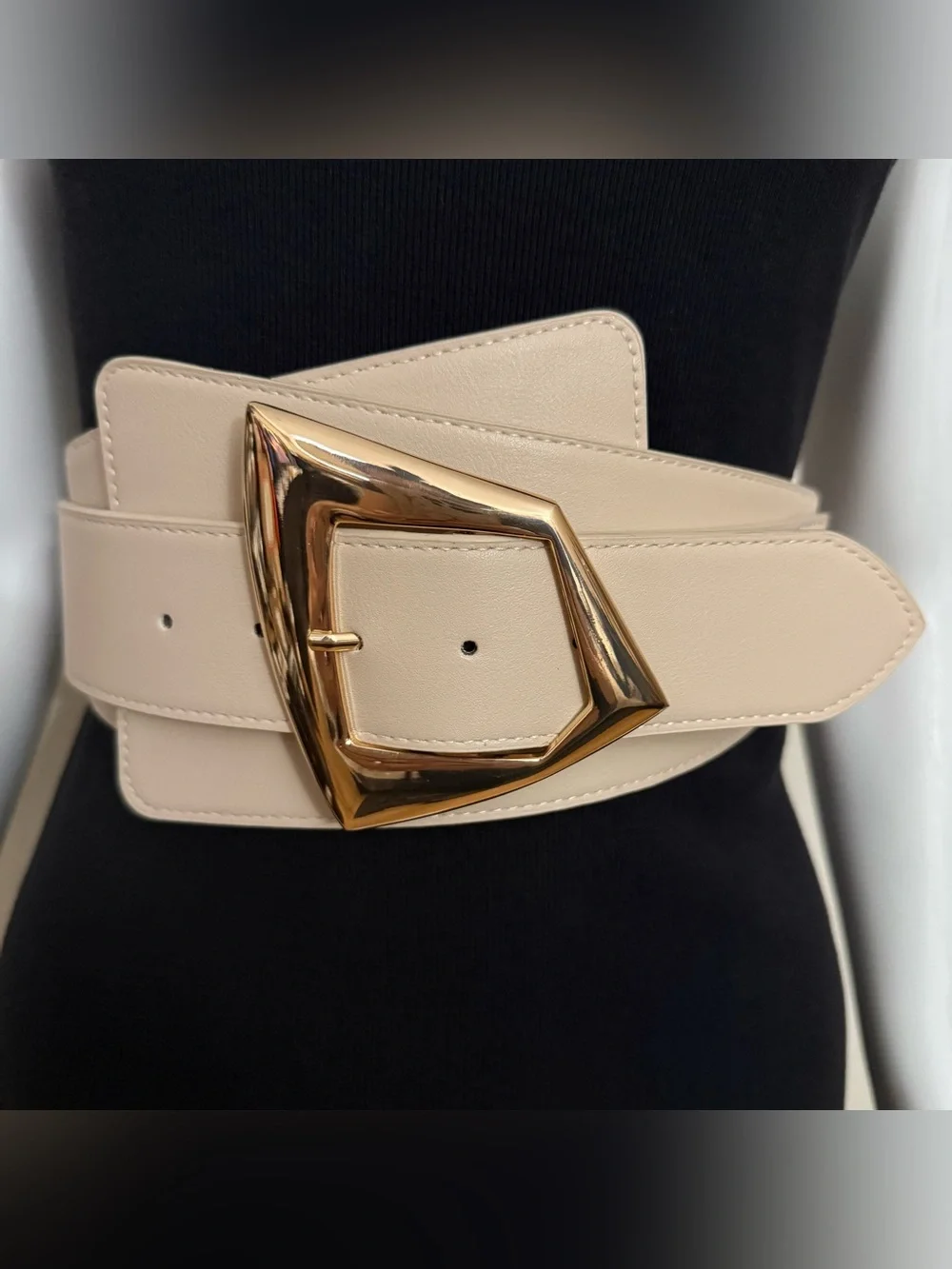 Beige wide PU leather elastic waistband belt with gold tone buckle